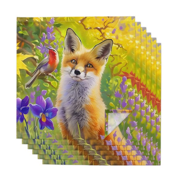 Autumn Fox Bird Flower Cloth Napkins Set of 6, Rustic Pastoral Natural Theme Dinner Napkins Soft Absorbent Table Napkin for Home Cocktail Party Wedding