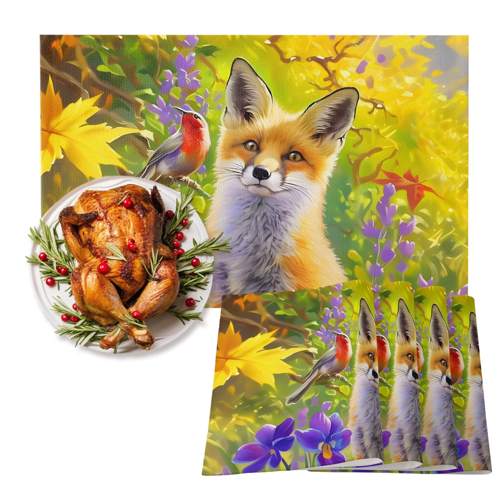 Autumn Fox Bird Flower Placemats Set of 6,Wipeable Washable Table Mats ...