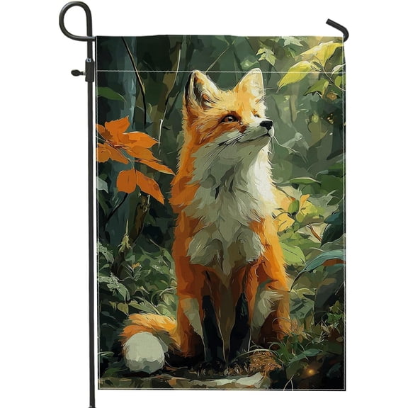 Autumn Fox Garden Flag, Double Sided Decorative Burlap Outdoor Yard Banner, Fall Lawn Decor, 12 x 18 Inch, Orange Woodland Animal Design