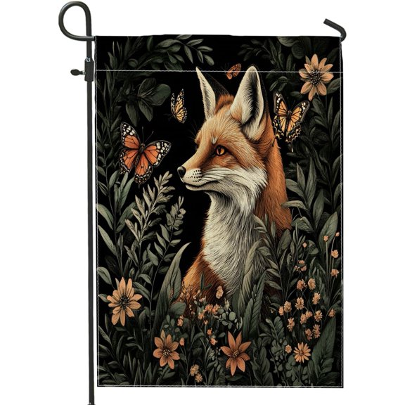 Autumn Fox Garden Flag, Double Sided Outdoor Lawn Flag, Woodland Fox and Butterflies Floral Decor, Fall Seasonal Home Decoration, 12 x 18 Inch