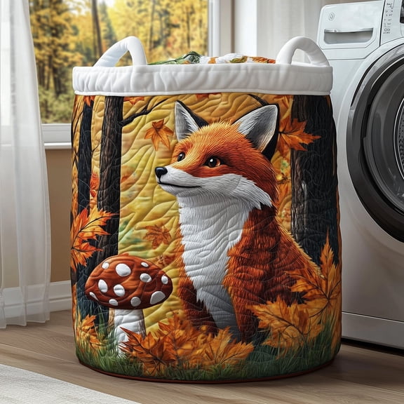 Autumn Fox Quilted Laundry Basket, with Handles, Foldable Clothes Hamper for Bedroom Storage