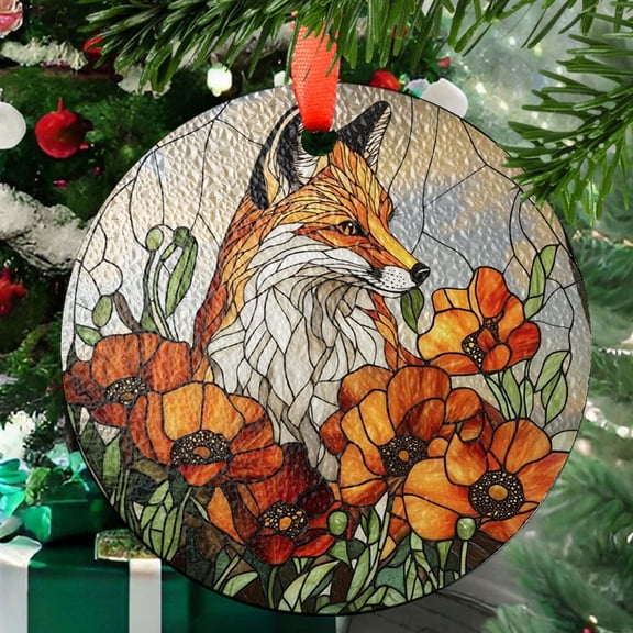 Autumn Fox Stained Glass Suncatcher, Symbol Fall Stained Glass, Autumn Leaves Window Hangings, Gift for Mom, Thanksgiving, Fox lovers gift, Stained Glass Ornament 2025, Holiday