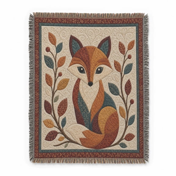 Autumn Fox and Botanical Folk Art in Rust, Teal and Cream Woven Throw Blanket, Cotton with Fringed Edges, Woodland, Couch and Bed Home Decor