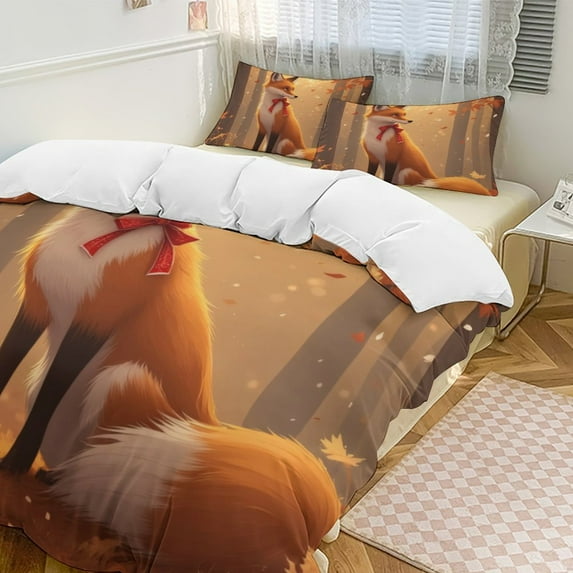 Autumn Fox in Forest Duvet Cover Set Themed Multicolor Polyester Bedding Set for Bedroom Decoration