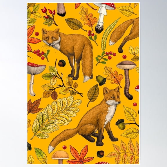 Autumn Foxes On Orange Poster Wall Art, Modern Wall Decor For Living Room Bedroom, 24x36 UNFRAMED