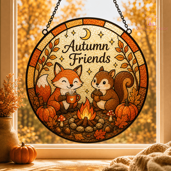 Autumn Friends Stained Glass Suncatcher Cozy Woodland Fox & Squirrel Fall Gift