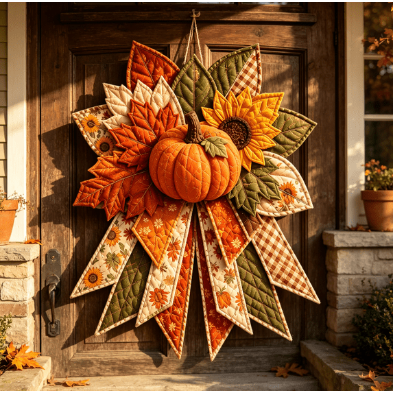 Autumn Front Door Decor DIY Kit, Quilted Patchwork Fabric Wreath, Rustic Farmhouse Door Bow Decoration for Fall Thanksgiving Decorations