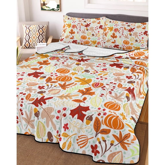 Autumn, Full Size Down Alternative Comforter, Lightweight Comforter Quilt Bedding Set with Pillow Shams Fall Pumpkins Maple Leaves Cartoon Art Decor All Seasons Bed Comforter Duvet Insert 78"x90"