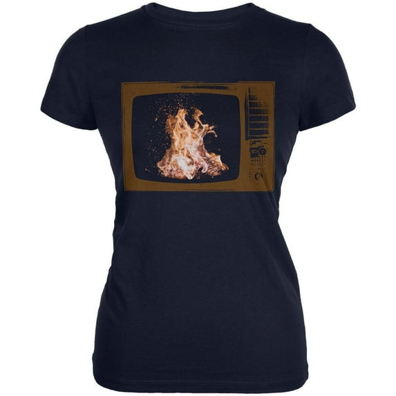 Autumn Funny Faux Fireplace Television Juniors Soft T Shirt Navy LG
