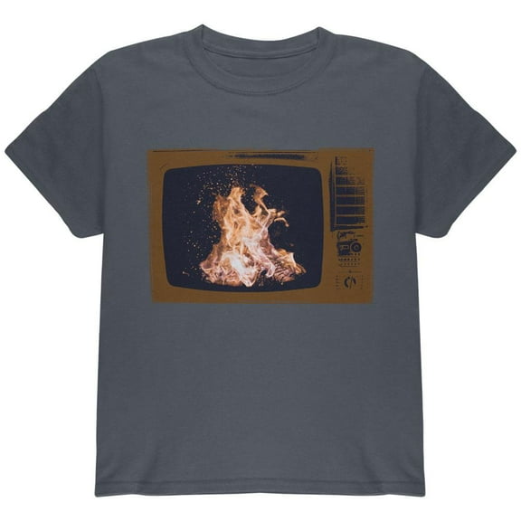 Autumn Funny Faux Fireplace Television Youth T Shirt Charcoal YLG