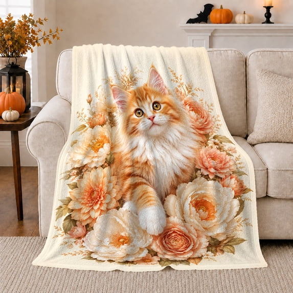 Autumn Garden Kitten Gaze, Cozy Pet Portrait Pattern, Warm Flannel Blanket for Living Room and Bedroom with Detailed Artwork, Cat Lovers Thanksgiving Gift, Pet Lover Home Decor