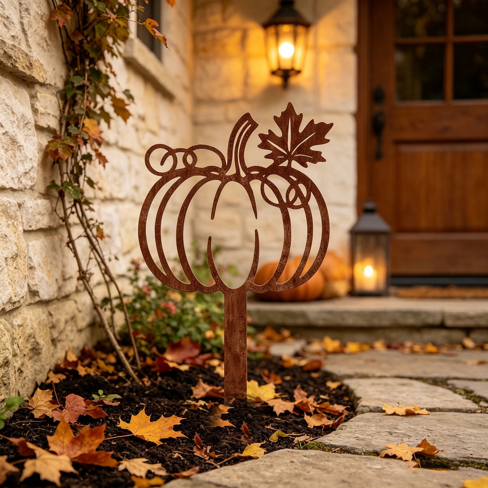 Autumn Garden Stake, Metal Pumpkin Yard Sign for Outdoor Planter Pot ...
