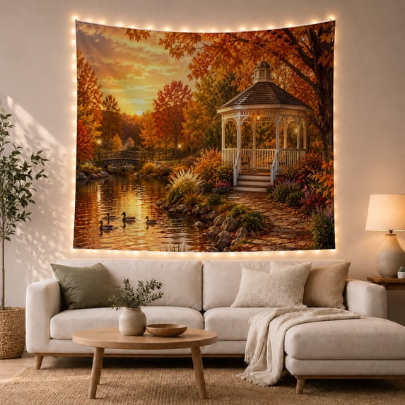 Autumn Gazebo with Ducks by a Calm Pond, Serene Boho for Nature Lovers, Scenic Wall Art Decor, Housewarming Gift, Tapestry Wall Hanging for Bedroom and Living Room