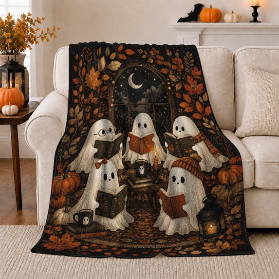 Autumn Ghost Book Club, Festive Halloween Scene, Warm Flannel Blanket for Office and Dorm with Detailed Artwork with Rich Color Accents, Art Lovers Halloween Gift, Artistic Home Decor