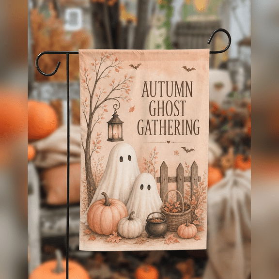 Autumn Ghost Gathering Muted Peach Garden Flag Halloween Decor