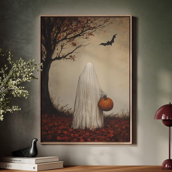 Autumn Ghost Holding Pumpkin Spooky With Bat And Leaves Cozy Fall For ...
