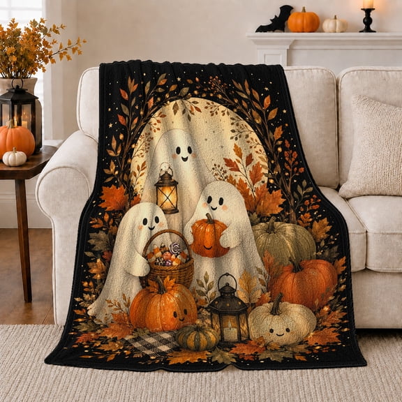 Autumn Ghosts Pumpkins, Festive Halloween Scene, Warm Flannel Blanket for Living Room and Reading Nook with Detailed Artwork, Art Lovers Halloween Gift, Artistic Home Decor