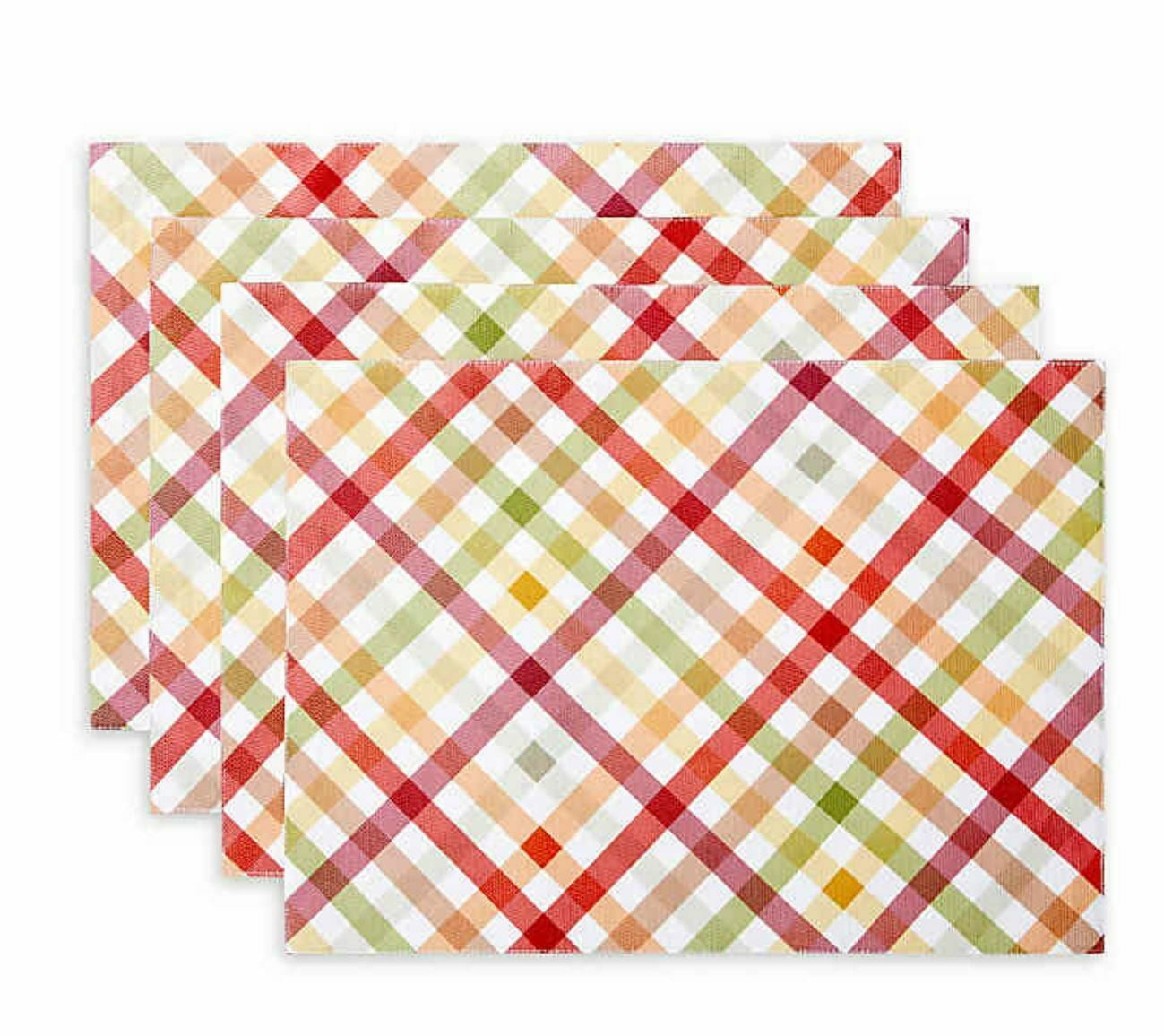 Autumn Gingham Check Harvest Print Placemat Set Of 4, Earth Tones Placemats