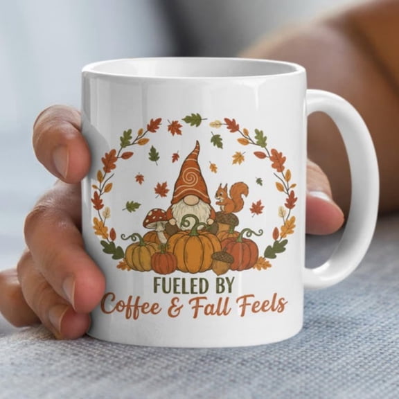 Autumn Gnome Coffee Mug, Squirrel Muom Pumpkin Design.