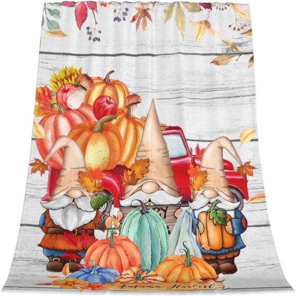 Autumn Gnome Harvest Flannel Blanket 40x50 Inch, Farmhouse Red Truck Pumpkin Gnome Rustic Fall Leaf Cozy and Soft Plush Warm Blankets for Bed Couch Living Room Sofa Chair