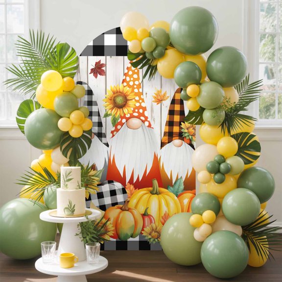 Autumn Gnome Ombre Pumpkin Arch Backdrop Cover Stretchy Spandex Arch Cover 6ft, Maple Leaf on Wood Board Round Top Chiara Stand Covers for Wedding Birthday Party Ceremony Banquet