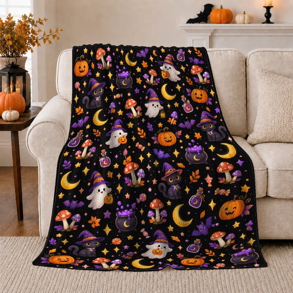 Autumn Gnome and Pumpkin Pattern with Black Details, Warm Flannel Blanket for Living Room and Reading Nook, Cat Lovers Autumn Celebration Gift, Pet Lover Home Decor