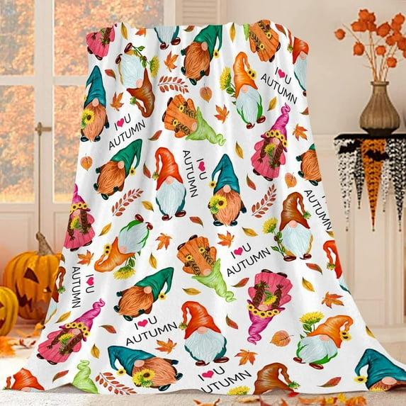Autumn Gnome Throw Blanket Fall Leaves Decor Cute Gnome with Sunflower Blanket Cozy Soft Lightweight Flannel Plush Blankets for Bed Couch Living Room Sofa Chair,60x80 Inch
