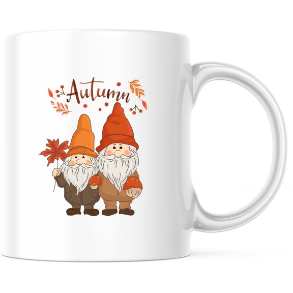 Autumn Gnomes Coffee Mug | Cute Fall Gnome Design | Seasonal Thanksgiving Mug | Funny Gnome Gift | Autumn Decor with Fall Leaves - 11 Ounce Novelty Coffee Cup - WMUG0247