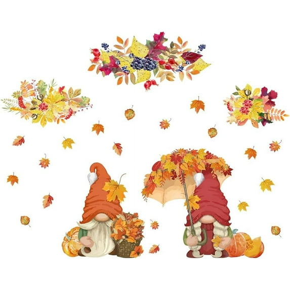 Autumn Gnomes Maple Leaves Wall Sticker Pumpkin Fruits Wall Decal Thanks Giving Decor Colorful Autumn Harvest Vinyl Art Sticker for Kitchen Door Dining Room Party Home Decoration