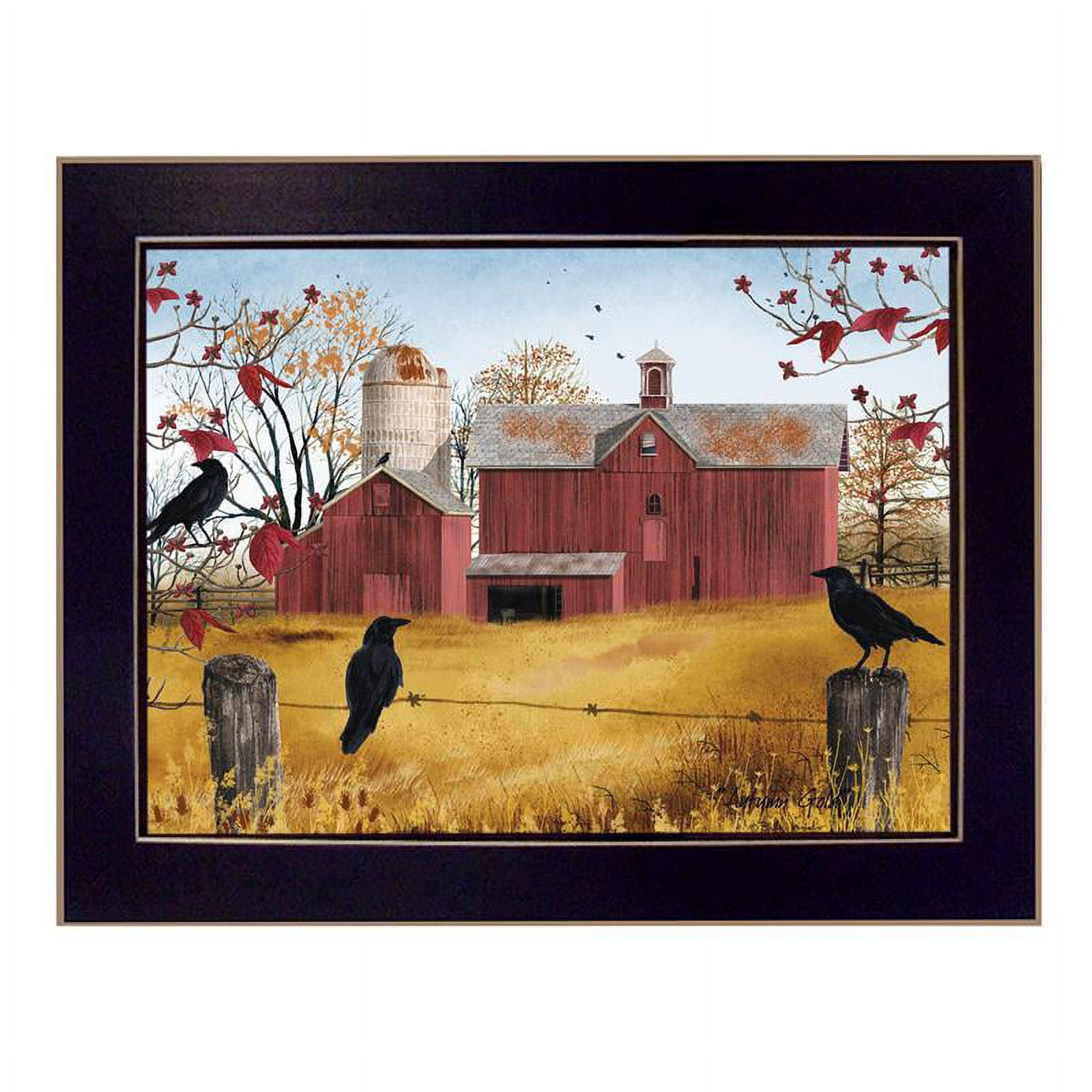 Autumn Gold Cottage Scene Framed Canvas Print in Black Wood