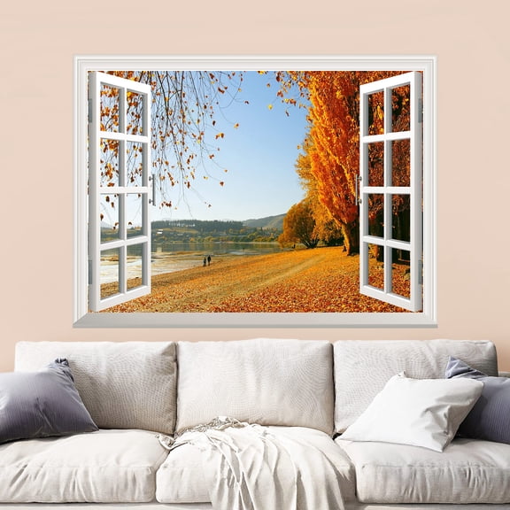 Autumn Golden Fallen Leaves Open Window Mural Wall Sticker - 36"x48"
