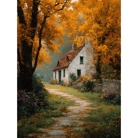Autumn Golden Path Country Cottage Canvas Print, Rustic Seasonal Cozy Farmhouse Home Wall Decor Art