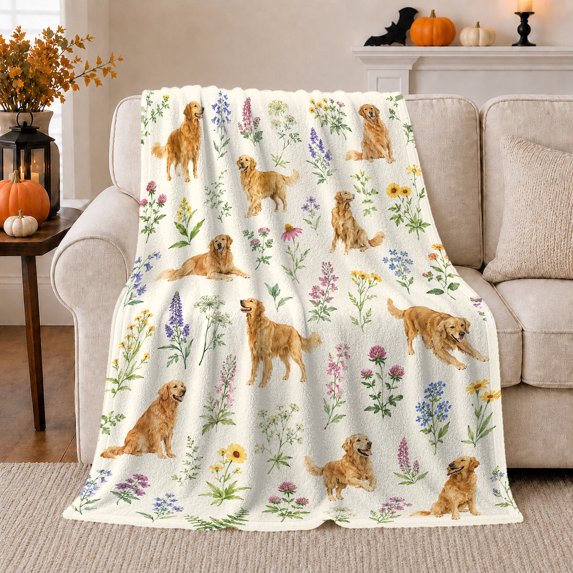 Autumn Golden Retriever Watercolor Flowers, Playful Pet Portrait Pattern, Warm Flannel Blanket for Living Room and Bedroom, Dog Lovers Thanksgiving Gift, Pet Lover Home Decor