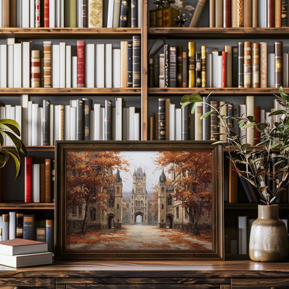 Autumn Gothic Courtyard With Poster Grand Stone Clocktower , Poster Print Only