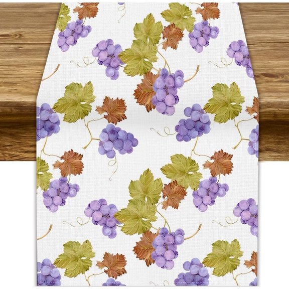 Autumn Grape Table Runner 13x36inch, Sweet Fruit Watercolor Grapevine Berries Leaves Summer Burlap Table Runners for Kitchen, Dining & Outdoor