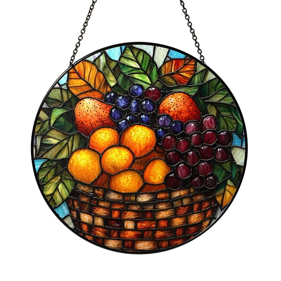 Autumn Grapes and Leaves Window Suncatcher, Round Stained Glass Style Cornucopia Panel, Thanksgiving Decor Gift