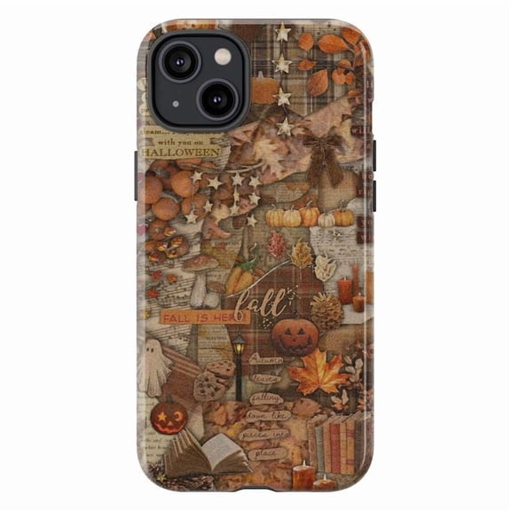 Autumn Halloween Collage Phone Case, Fall Leaves Pumpkin Cozy Vintage Aesthetic iPhone Cover for iPhone 17 16 15 14 13 12 11 Pro Plus Mini