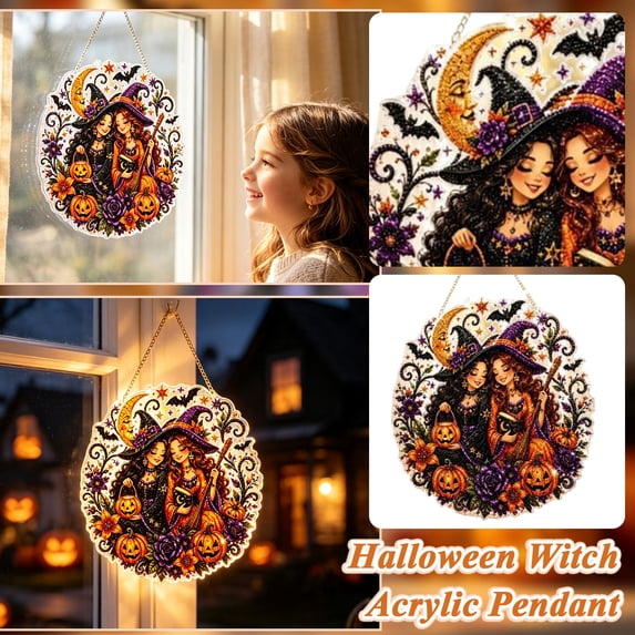 Autumn Halloween Diamond Art Craft Kit, Double Sided Acrylic Suncatcher with Witch Pumpkin Bat Floral Pattern, 5D Special Shaped Gem Hanging Ornament for Indoor Decor