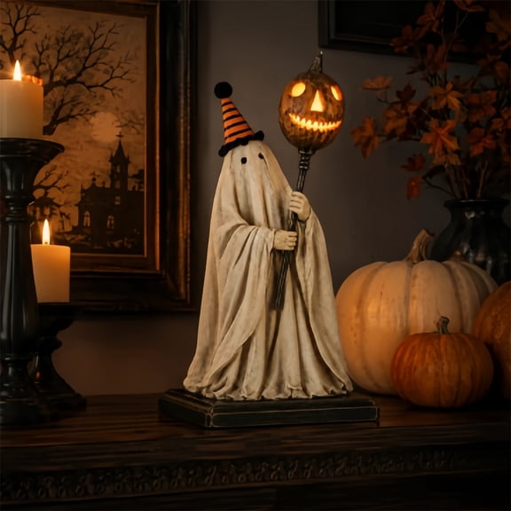 Autumn Halloween Light Up Ghost Resin Statue Striped Party Hat Pumpkin Lantern Figurine Seasonal Tabletop Mantel Fall Holiday Indoor Home Accent Decor Gift