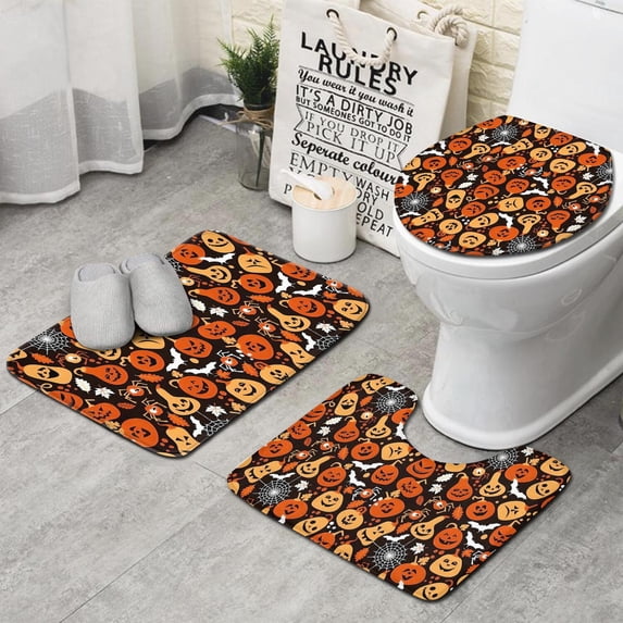 Autumn Halloween Pumpkin Pattern Bathroom Rugs Sets 3 Piece,Toilet Cover Set,Absorbent Non Slip Bathroom Mats Sets with U-Shaped Contour Rug Toilet Rug Set