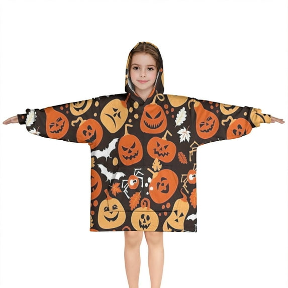 Autumn Halloween Pumpkin Pattern Blanket Hoodies for Kids 6-13YR Oversize Wearable Blanket Hoodies for Boys Girls Teens