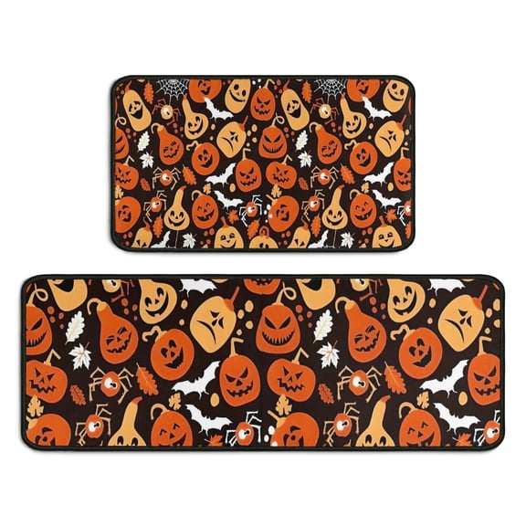 Autumn Halloween Pumpkin Pattern Kitchen Rugs Sets Of 2,Anti Fatigue Kitchen Mat Rugs Non Slip Washable,Decorative Kitchen Floor Mats for Kitchen,Sink,Laundry,17"X30"+17"X47"
