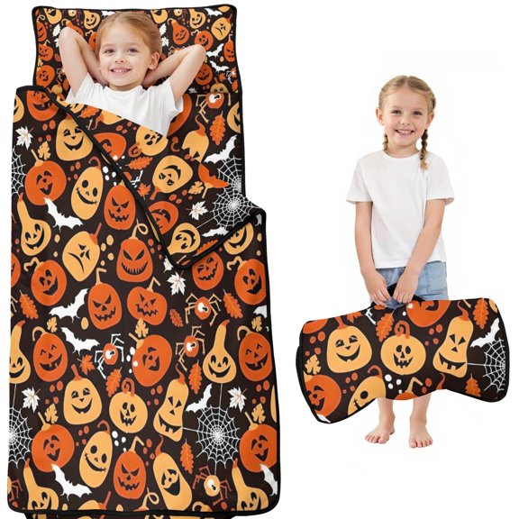 Autumn Halloween Pumpkin Pattern Toddler Nap Mats for Kids Preschool,50"x20" Sleeping Mat Bag or Kids,Toddler Sleeping Bag,Toddler Nap Mat or Daycare