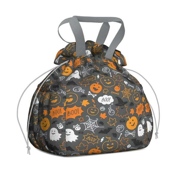 Autumn Halloween Scene Pattern Drawstring Lunch Bag Women - Drawstring Lunch Bag Insulated for Work Office - Stain-Resistant Large Lunchbags for Women with Multi-Pockets