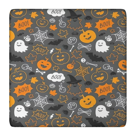Gray Halloween Boo Icons Square Fitted Tablecloth with Elastic Edge,Square Table Cover,Washable Elastic Table Cover for Home Kitchen Party Decor 36"x36"