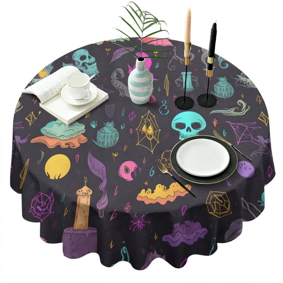 Autumn Halloween Tablecloth 60 Inch Round - Waterproof Machine Washable Pumpkin Black Cat Vintage