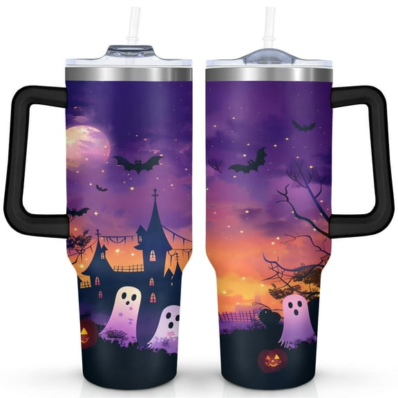 Autumn Halloween Tumbler 40oz - Trick Treat Candy Pattern - Double Wall Insulated Stainless Steel Cup - With Handle & Straw