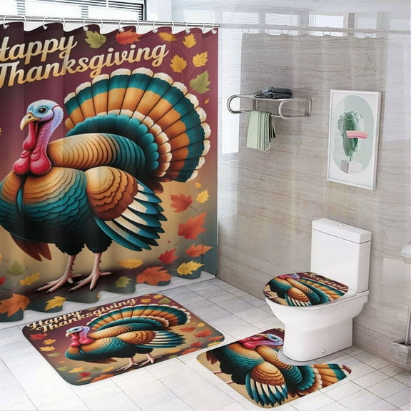 Autumn Happy Thanksgiving Turkey Shower Curtain Bathroom Sets Toilet Lid Rug, Rugs Mat Bath Mat And Contour Mat, Shower Curtain 4Pcs