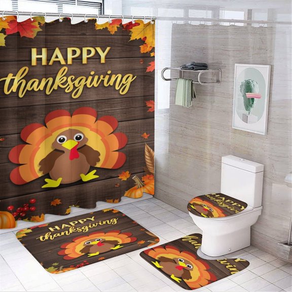 Autumn Happy Thanksgiving Turkey Shower Curtain Bathroom Sets Toilet Lid Rug, Rugs Mat Bath Mat And Contour Mat, Shower Curtain 4Pcs