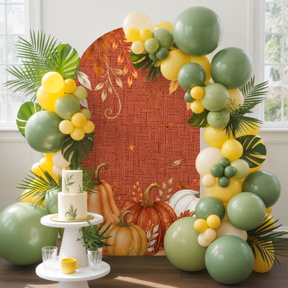 Autumn Harvest Arch Backdrop Cover, 4FT, Red Linen White Pumpkin Eucalyptus Leaves Fall Spandex Arch Covers Double-Sided Backdrop for Wedding Birthday Party Photo Background Decoration